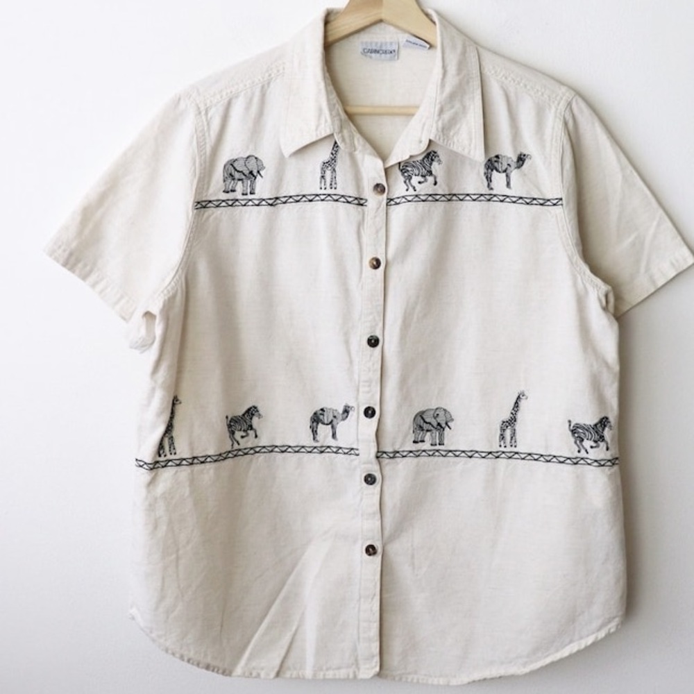 Cream Embroidered Animal Button-Up Shirt - Women